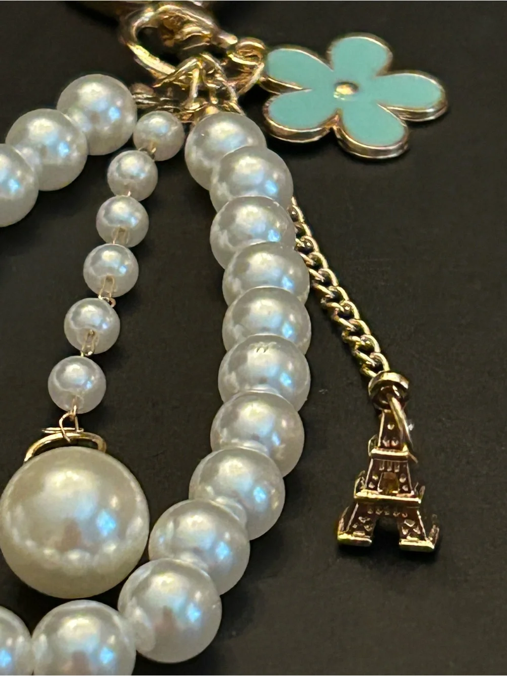 Silver or Gold w/Colored Enamel Flower Faux Pearl Wristlet Keychain Bag Charm